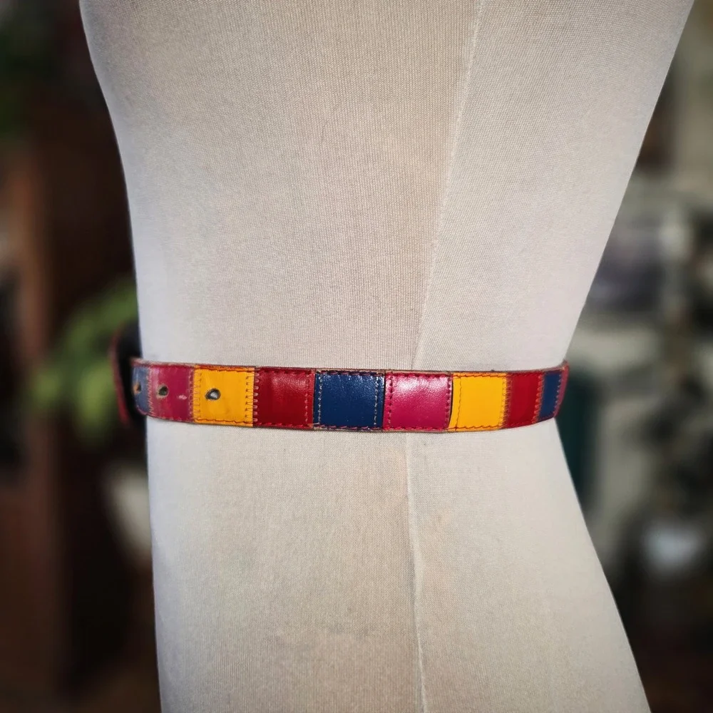 Carole Little Patchwork Leather Belt Vintage 80s Womens Multi Color Boho 24-28